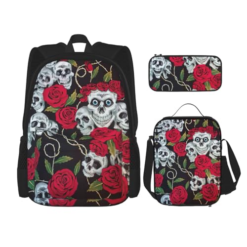 WURTON 3-in-1-Büchertaschen-Set mit Rosen-Totenkopf-Augen-Aufdruck, für Mädchen und Jungen, Schultaschen, Teenager, Lunchbox und Federmäppchen von WURTON