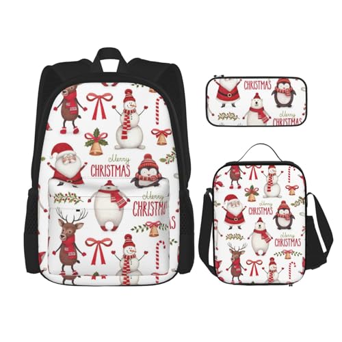 WURTON 3-in-1-Büchertaschen-Set mit Weihnachtsmann-Aufdruck, Rucksack, Mädchen, Jungen, Schultaschen, Teenager, Lunchbox und Federmäppchen von WURTON