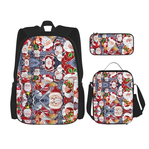 WURTON 3-in-1-Büchertaschen-Set mit Weihnachtsmann-Motiv, für Mädchen, Jungen, Schultaschen, Teenager, Lunchbox und Federmäppchen von WURTON