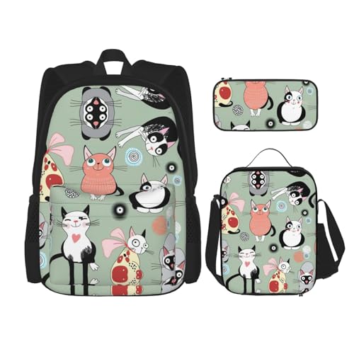 WURTON 3-in-1-Büchertaschen-Set mit niedlichem Cartoon-Katzen-Aufdruck, für Mädchen und Jungen, Schultaschen, Teenager, Lunchbox und Federmäppchen von WURTON