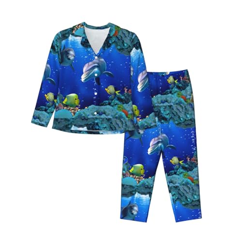 WURTON 3D-Unterwasserwelt Fisch-Delphi-Druck, langärmeliges Pyjama-Set, elegante Schlafkleidung und gemütliche Nachtwäsche, Schwarz, L von WURTON
