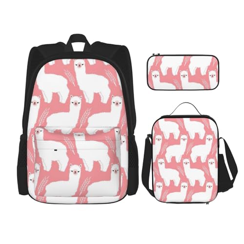 WURTON Alpaka Lama Print Rucksack Mädchen Jungen Schultaschen Teenager Lunchbox und Federmäppchen 3 in 1 Büchertaschen Set von WURTON