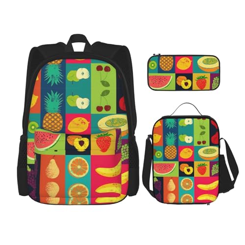 WURTON Art Style Obst Druck Rucksack Mädchen Jungen Schultaschen Teen Lunch Box Und Federmäppchen 3 In 1 Büchertaschen Set von WURTON