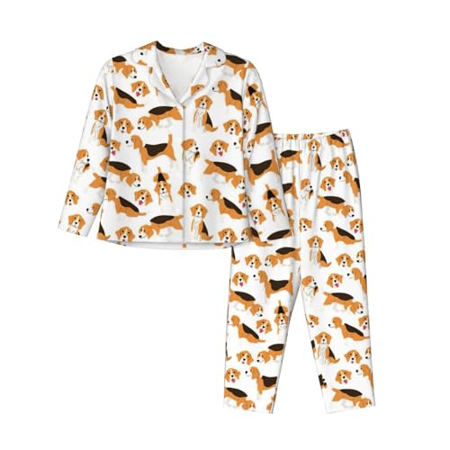 WURTON Beagle Dog Print Damen Klassisch Geeignet Für Winter Frauen Langarm Pyjama Set Chic Nachtwäsche, Schwarz, XXL von WURTON