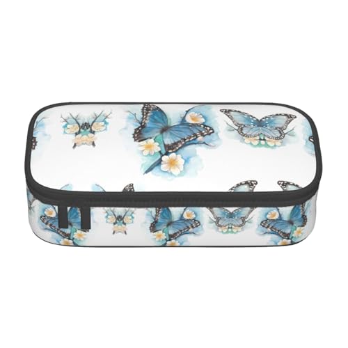 WURTON Blauer Schmetterling auf Blüte Blumendruck Bleistift Fall für Jungen Mädchen Stift Taschen Große Kapazität Bleistift Beutel Bürobedarf von WURTON