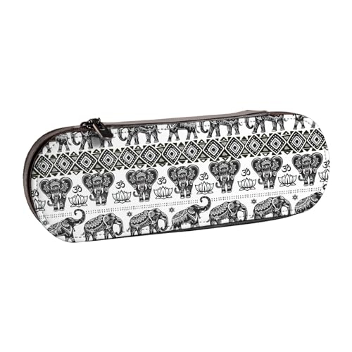 WURTON Bohemian Elephant Pattern Print Vintage Leather Pencil Pouch - Chic Compact Leather Pencil Case Pouch Pencil Pouch Pencil Pouch von WURTON