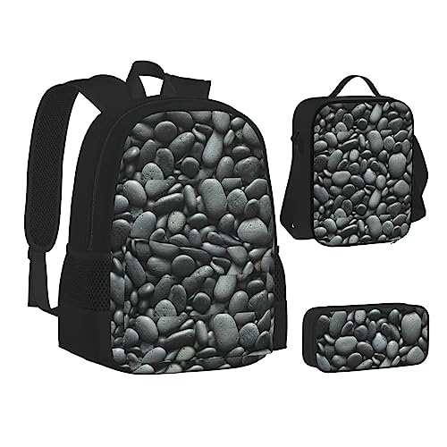 WURTON Büchertasche mit zwei Flamingo-Muster, Lunch-Tasche, Federmäppchen, 3-in-1, Schulrucksack-Set, Kinder-Rucksack, Viele schwarze Kieselsteine, Einheitsgröße von WURTON