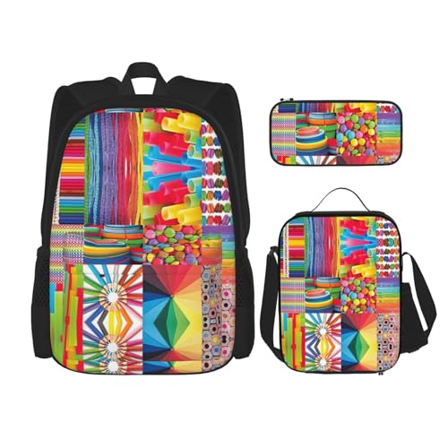 WURTON Bunte Collage Druck Rucksack Mädchen Jungen Schultaschen Teen Lunch Box Und Federmäppchen 3 In 1 Büchertaschen Set von WURTON