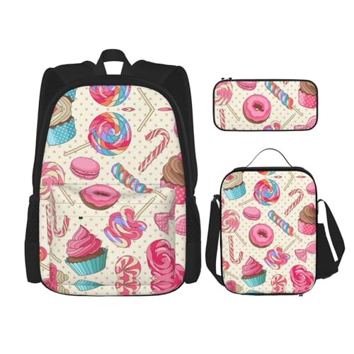 WURTON Bunte süße Lollipop Cupcake Donut Druck Rucksack Mädchen Jungen Schultaschen Teenager Lunchbox und Federmäppchen 3 in 1 Büchertaschen Set von WURTON