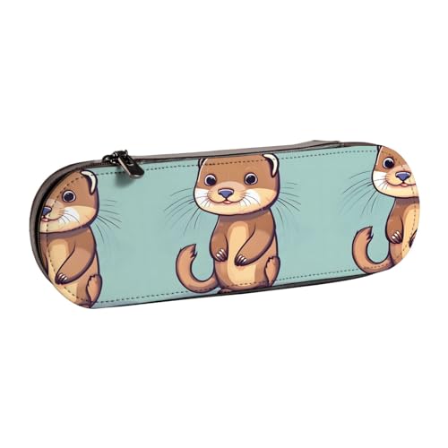 WURTON Cartoon Cute Otters Print Vintage Leather Pencil Pouch - Chic Compact Leather Pencil Case Pouch Pencil Pouch Pencil Pouch von WURTON
