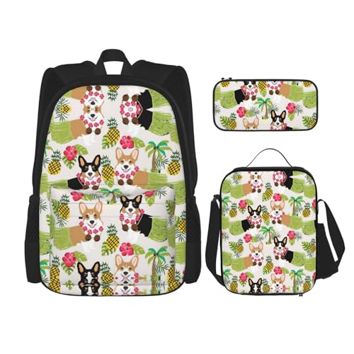 WURTON Corgi Hawaiian Tropical Summer Ananas Print Rucksack Mädchen Jungen Schultaschen Teenager Lunchbox und Federmäppchen 3 in 1 Büchertaschen Set von WURTON