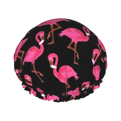 WURTON Duschhaube mit niedlichem rosa Flamingodruck, weich, wiederverwendbar, doppelte wasserdichte Schichten, Badehut für Damen, atmungsaktiv von WURTON