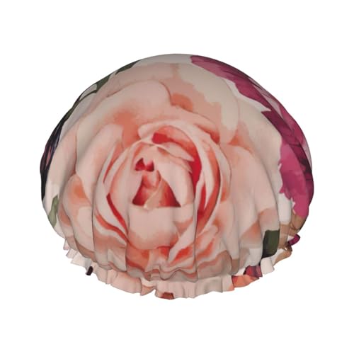 WURTON Duschhaube mit rosa Rosen-Blumendruck, weich, wiederverwendbar, doppelte wasserdichte Schichten, Badehut für Damen, atmungsaktiv von WURTON