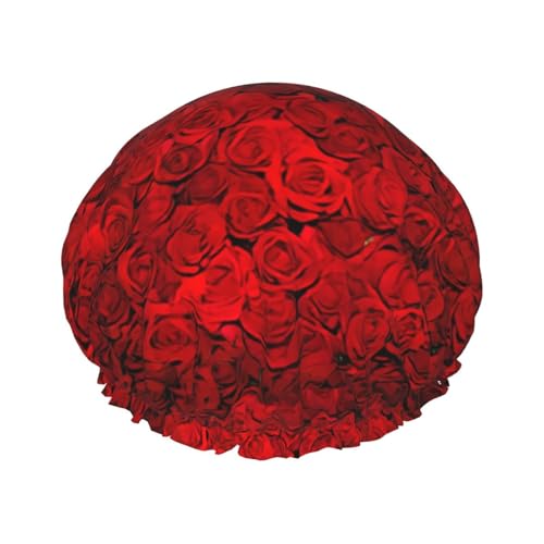 WURTON Duschhaube mit roter Rose, weich, wiederverwendbar, doppelte wasserdichte Schichten, Badehut für Damen, atmungsaktiv von WURTON