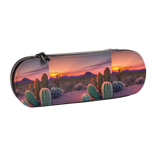 WURTON Federmäppchen aus Leder, Motiv: Kaktus Wüste Sonnenuntergang – schickes kompaktes Federmäppchen aus Leder von WURTON