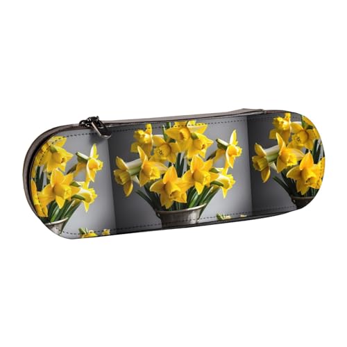 WURTON Federmäppchen aus Leder, Motiv: Strauß Narzissen, Vintage, schickes, kompaktes Leder-Federmäppchen von WURTON