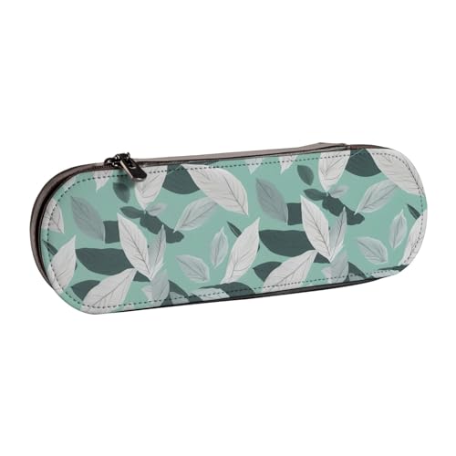 WURTON Federmäppchen aus Leder im Vintage-Stil mit Blättern, schickes, kompaktes Leder-Federmäppchen, Federmäppchen, Minzgrau von WURTON