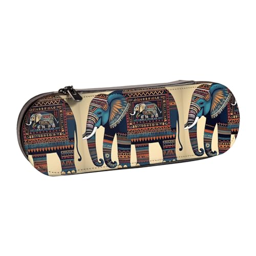 WURTON Federmäppchen aus Leder mit Azteken-Elefanten-Druck, Vintage, schick, kompakt, Federmäppchen, Federmäppchen von WURTON
