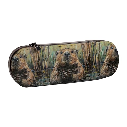 WURTON Federmäppchen aus Leder mit Biber-Print, Vintage, schick, kompakt, Federmäppchen, Federmäppchen von WURTON