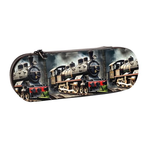 WURTON Federmäppchen aus Leder mit Dampflokomotiven-Zug-Druck, kompaktes und vielseitiges Stifteetui aus Leder von WURTON