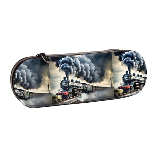 WURTON Federmäppchen aus Leder mit Dampfzug und Wolken, kompaktes und vielseitiges Stifteetui aus Leder von WURTON