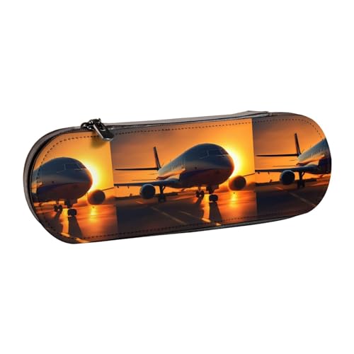 WURTON Federmäppchen aus Leder mit Flugzeug bei Sonnenuntergang bedruckt, Vintage, schickes, kompaktes Leder-Federmäppchen, Federmäppchen von WURTON