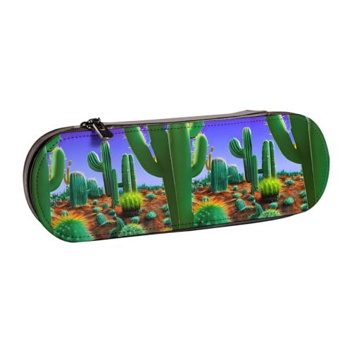 WURTON Federmäppchen aus Leder mit Kaktus-Wüsten-Druck, Vintage, schickes, kompaktes Leder-Federmäppchen, Federmäppchen von WURTON