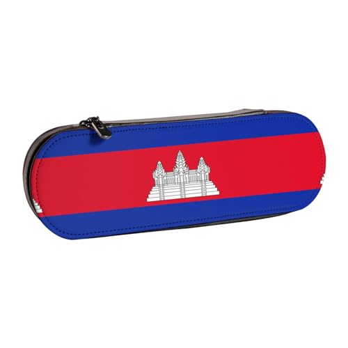 WURTON Federmäppchen aus Leder mit Kambodscha-Flaggen-Druck, Vintage, schickes, kompaktes Leder-Federmäppchen von WURTON