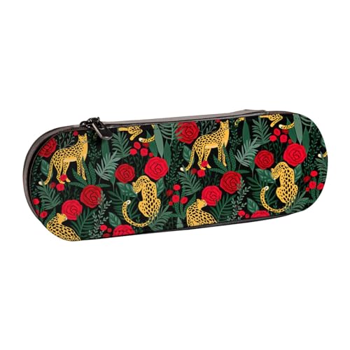 WURTON Federmäppchen aus Leder mit Leoparden- und Rosen-Druck, schickes, kompaktes Federmäppchen aus Leder von WURTON