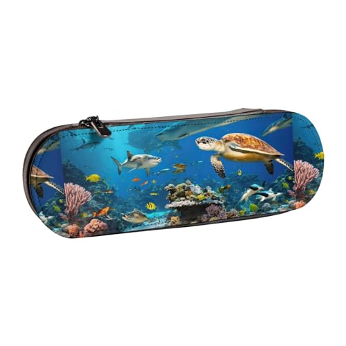 WURTON Federmäppchen aus Leder mit Meeresschildkröten-Druck, Vintage, schickes, kompaktes Federmäppchen aus Leder von WURTON