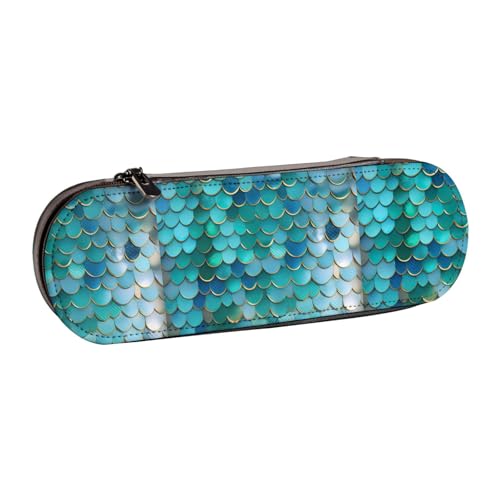WURTON Federmäppchen aus Leder mit Meerjungfrauen-Schuppen-Druck, kompakt und vielseitig, Stifteetui aus Leder von WURTON