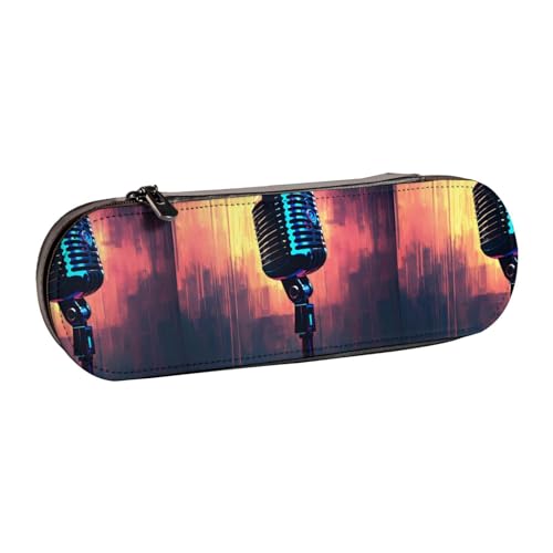WURTON Federmäppchen aus Leder mit Mikrofon und Musiknoten-Aufdruck, kompaktes und vielseitiges Stifteetui aus Leder von WURTON