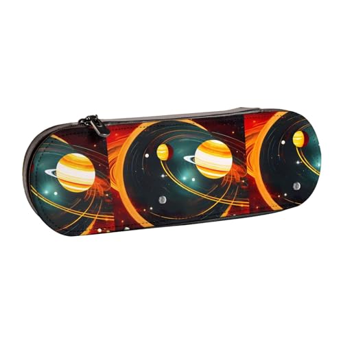 WURTON Federmäppchen aus Leder mit Sonnensystem, Jupiter, Saturn-Druck, kompaktes und vielseitiges Stifteetui aus Leder von WURTON