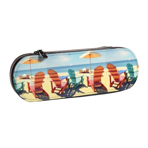 WURTON Federmäppchen aus Leder mit Strandkörben und Landschaftsaufdruck, Vintage, schickes, kompaktes Leder-Federmäppchen, Federmäppchen von WURTON