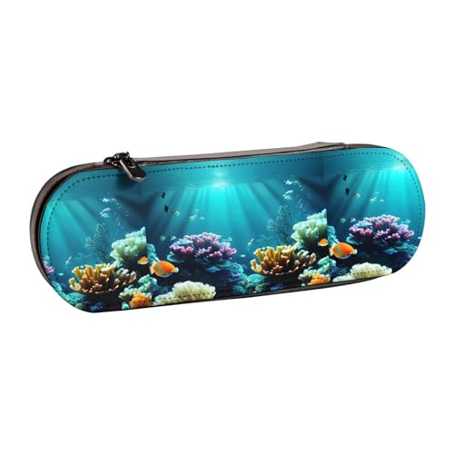 WURTON Federmäppchen aus Leder mit Unterwasserlandschaft im Vintage-Stil, schickes, kompaktes Federmäppchen aus Leder von WURTON