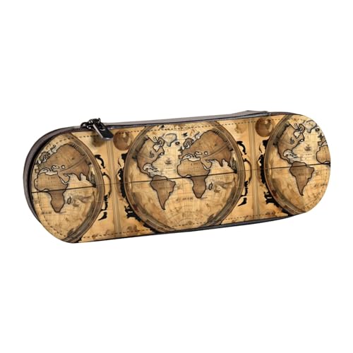 WURTON Federmäppchen aus Leder mit Weltkugel im Vintage-Stil, schickes kompaktes Federmäppchen aus Leder von WURTON
