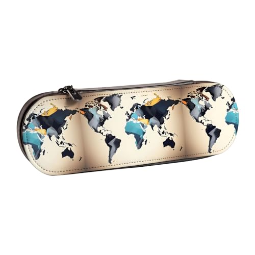 WURTON Federmäppchen aus Leder mit abstraktem Weltkartendruck, Vintage, schickes, kompaktes Federmäppchen aus Leder von WURTON
