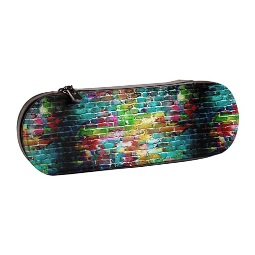 WURTON Federmäppchen aus Leder mit buntem Ziegelstein-Druck, Vintage, schickes, kompaktes Federmäppchen aus Leder von WURTON