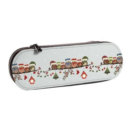 WURTON Federmäppchen aus Leder mit niedlichen Eulen auf Ast, kompaktes und vielseitiges Stifteetui aus Leder von WURTON