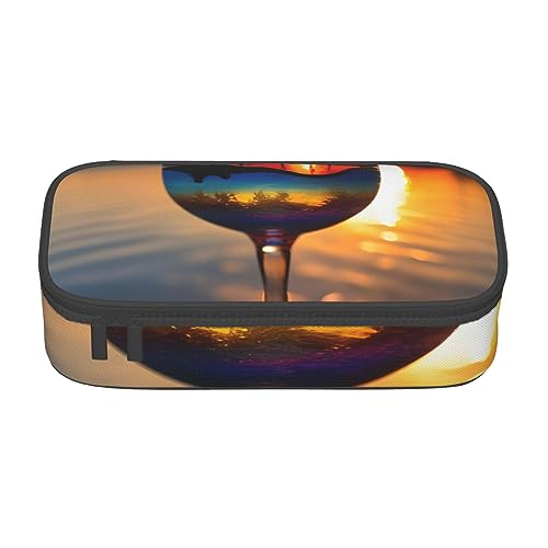 WURTON Federmäppchen mit Sonnenuntergangs-Weinglas-Druck, großes Fassungsvermögen, Federmäppchen, Federmäppchen, multifunktionale Aufbewahrungsbox, Schwarz , Einheitsgröße von WURTON