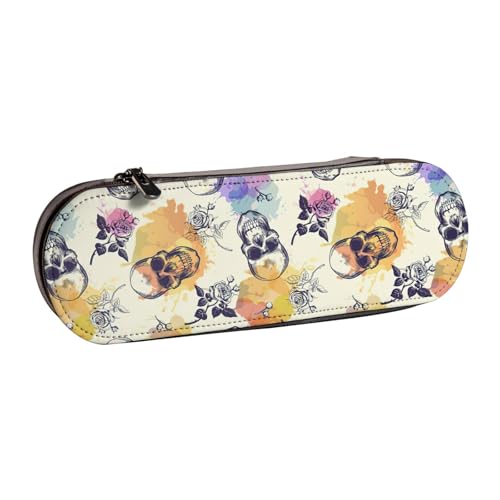 WURTON Federmäppchen mit Totenkopf-Blumendruck, Vintage, Leder, schickes, kompaktes Federmäppchen aus Leder von WURTON