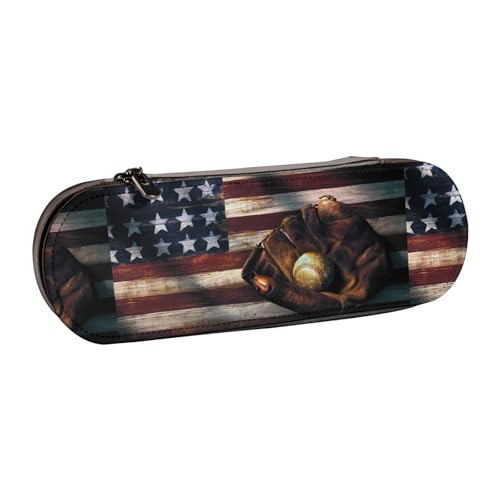 WURTON Federmäppchen mit amerikanischer Flagge, Baseball-Druck, Vintage, Leder, schickes, kompaktes Federmäppchen aus Leder von WURTON