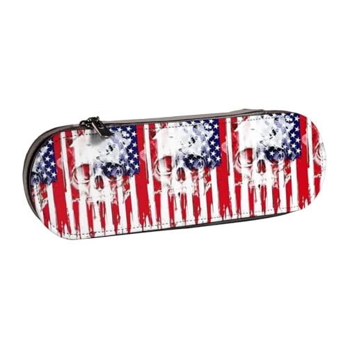 WURTON Federmäppchen mit amerikanischer Flagge, Totenkopf-Druck, Vintage, Leder, schickes, kompaktes Federmäppchen aus Leder von WURTON