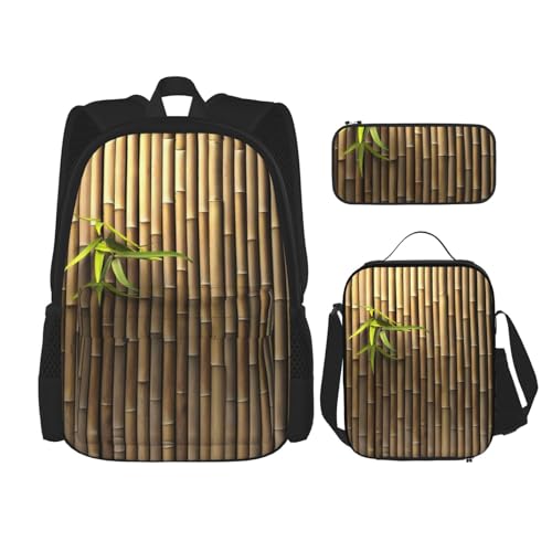 WURTON Frühlings-Bambus-Druck Rucksack Mädchen Jungen Schultaschen Teenager Lunchbox und Federmäppchen 3 in 1 Büchertaschen Set von WURTON