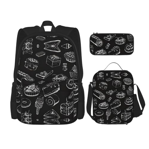 WURTON Gebäck auf Kreidetafel-Druck Rucksack Mädchen Jungen Schultaschen Teenager Lunchbox und Federmäppchen 3 in 1 Büchertaschen Set von WURTON