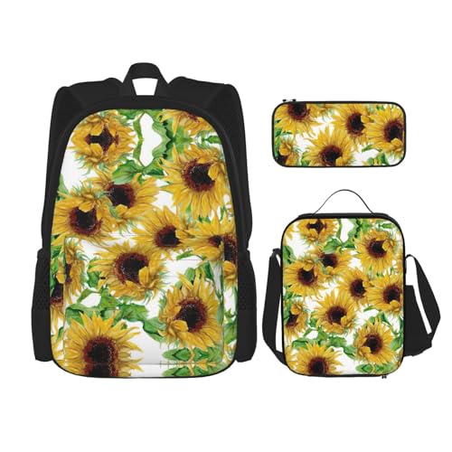 WURTON Gelber Sonnenblumen-Druck Rucksack Mädchen Jungen Schultaschen Teenager Lunchbox und Federmäppchen 3 in 1 Büchertaschen Set von WURTON