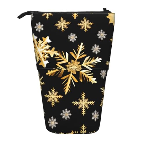 WURTON Golden Christmas Snowflakes Print Pencil Case Telescopic Stationery Storage Bag for Supplies, Office Makeup Storage, Schwarz , Einheitsgröße von WURTON