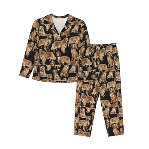 WURTON Golden Retrievers Print Herbst/Winter Damen Langarm Pyjama Set erschwinglich schick elegant Damen Homewear, Schwarz, L von WURTON