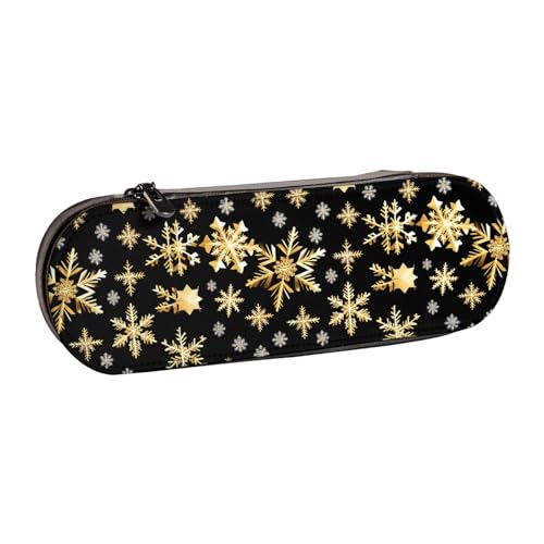 WURTON Goldene Weihnachts-Schneeflocken-Aufdruck, stilvolles Leder-Federmäppchen – kompakt und vielseitig, Stifteetui aus Leder von WURTON