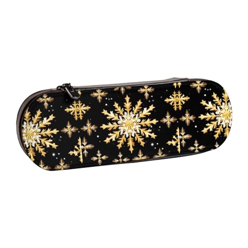 WURTON Goldene Weihnachts-Schneeflocken-Drucke, stilvolles Leder-Federmäppchen – kompakt und vielseitig, Stifteetui aus Leder von WURTON
